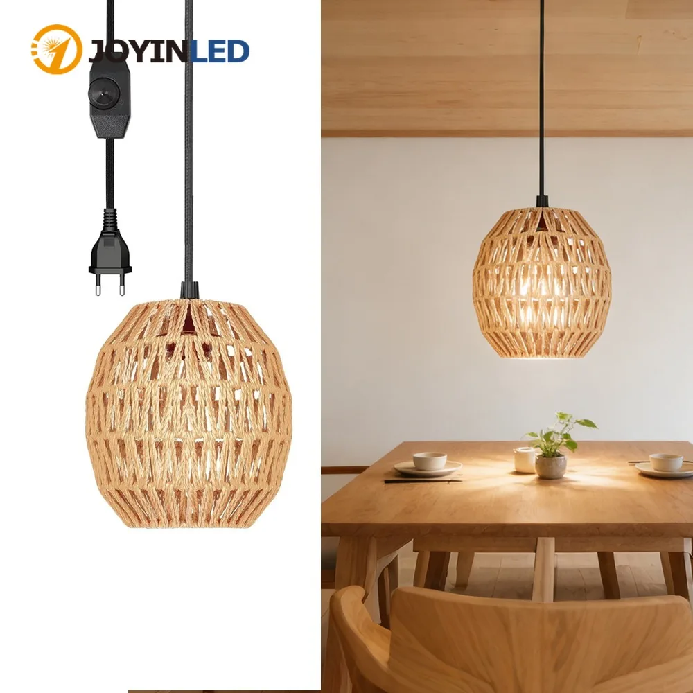 

JOYINLED Plug in Pendant Light Boho Rattan Hanging Lamp with Plug in Cord Dimmable Switch for Living Room Bedroom Chandelier