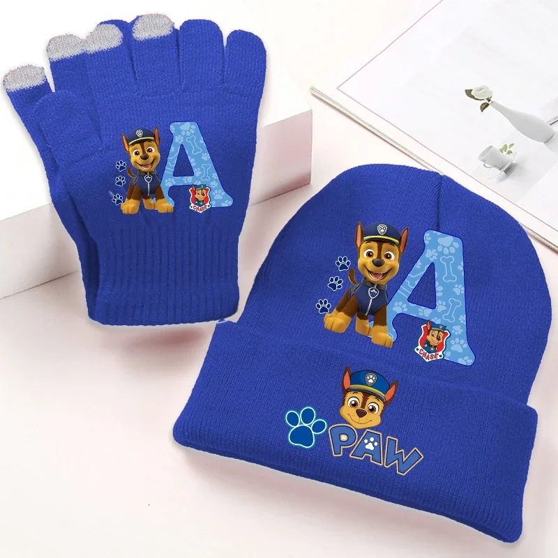 2-teiliges Paw Patrol Strickmützen- und Handschuh-Set mit Cartoon-Charakteren, Strickmütze mit Chase-Motiv, Anime-Modehandschuhe, warme Winteraccessoires, Geburtstagsgeschenk