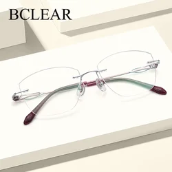 BCLEAR Fashion Rimless Cat Eye Glasses Frame Pure Titanium Ultralight Elastic Spectacle Frame Luxury Brands Designer Eyewear New