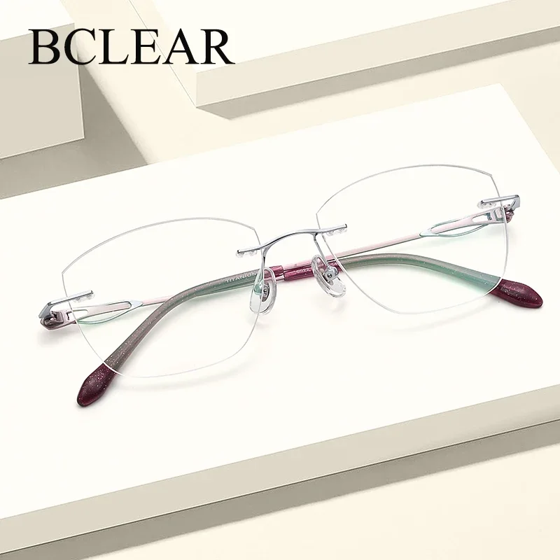 BCLEAR Fashion Rimless Cat Eye Glasses Frame Pure Titanium Ultralight Elastic Spectacle Frame Luxury Brands Designer Eyewear New