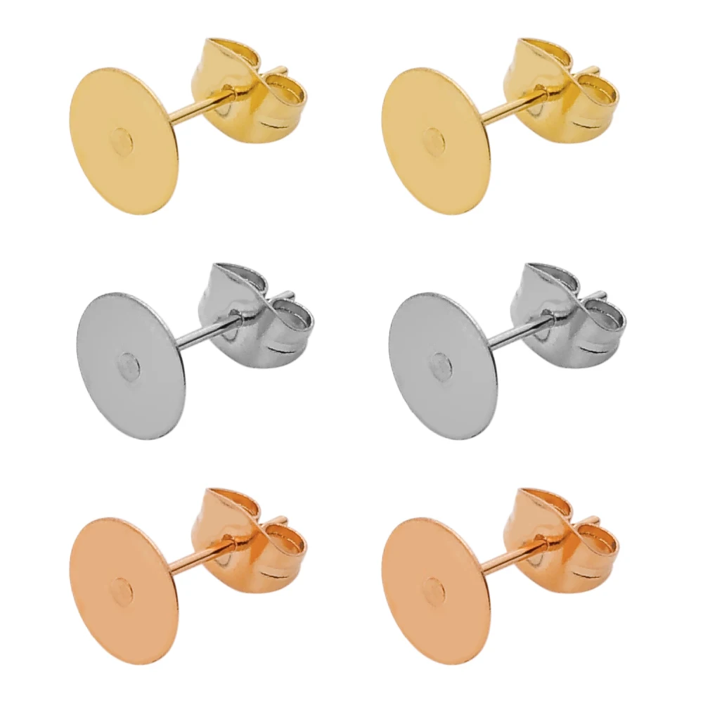 50pcs/lot Rose Gold Stainless Steel Earring Studs Base Blank Pins Post With Earring Plug Findings Back For DIY Jewelry Making
