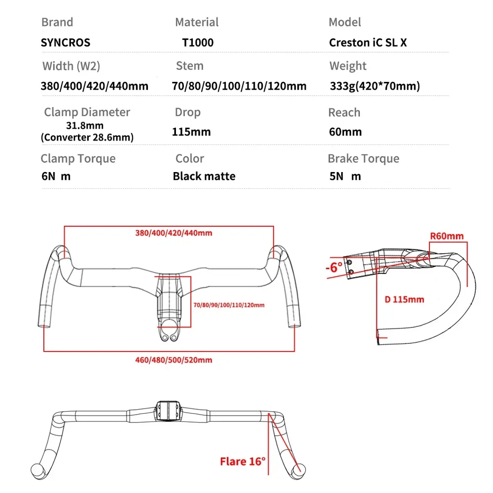 Syncros-Creston IC SR Carbon Bicycle Handlebar, Full Internal Cable Routing, Road Bike, Integrated Gravel, Cockpit Di2, T1000