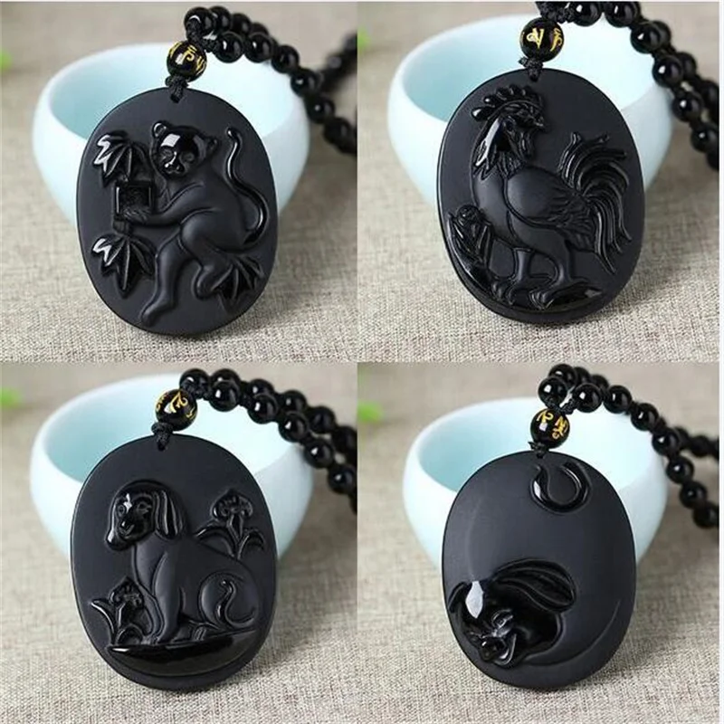 Natural Black Obsidian Hand Carved Chinese Ancient Twelve Zodiac Animals Lucky Amulet Pendant Beads Necklace Trendy Gift Jewelry