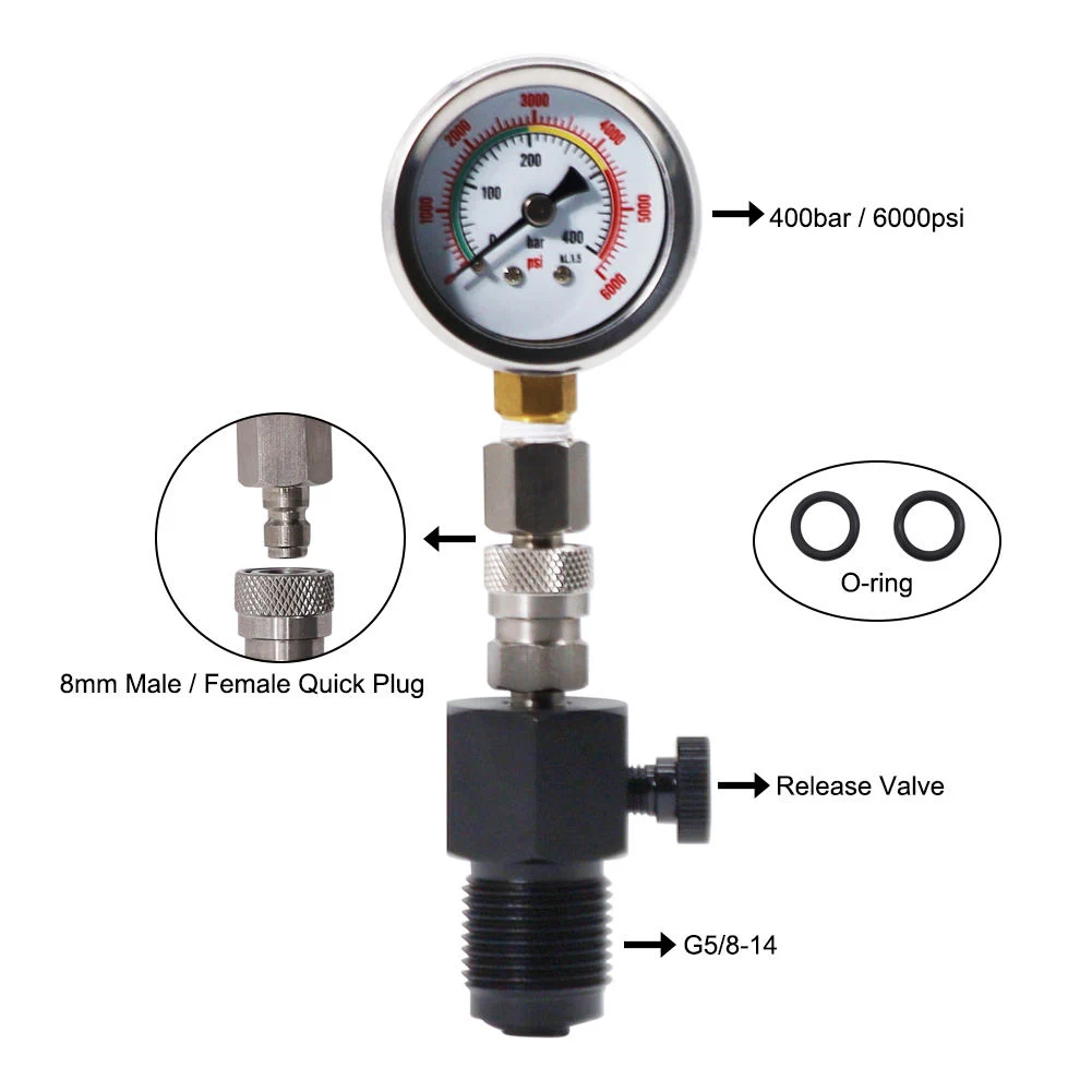 G5/8 14 Thread DIN Scuba Pressure Gauge with Side-Mounted Bleed Valve for Tank Filling and Testing at for 400 bar 6000 psi