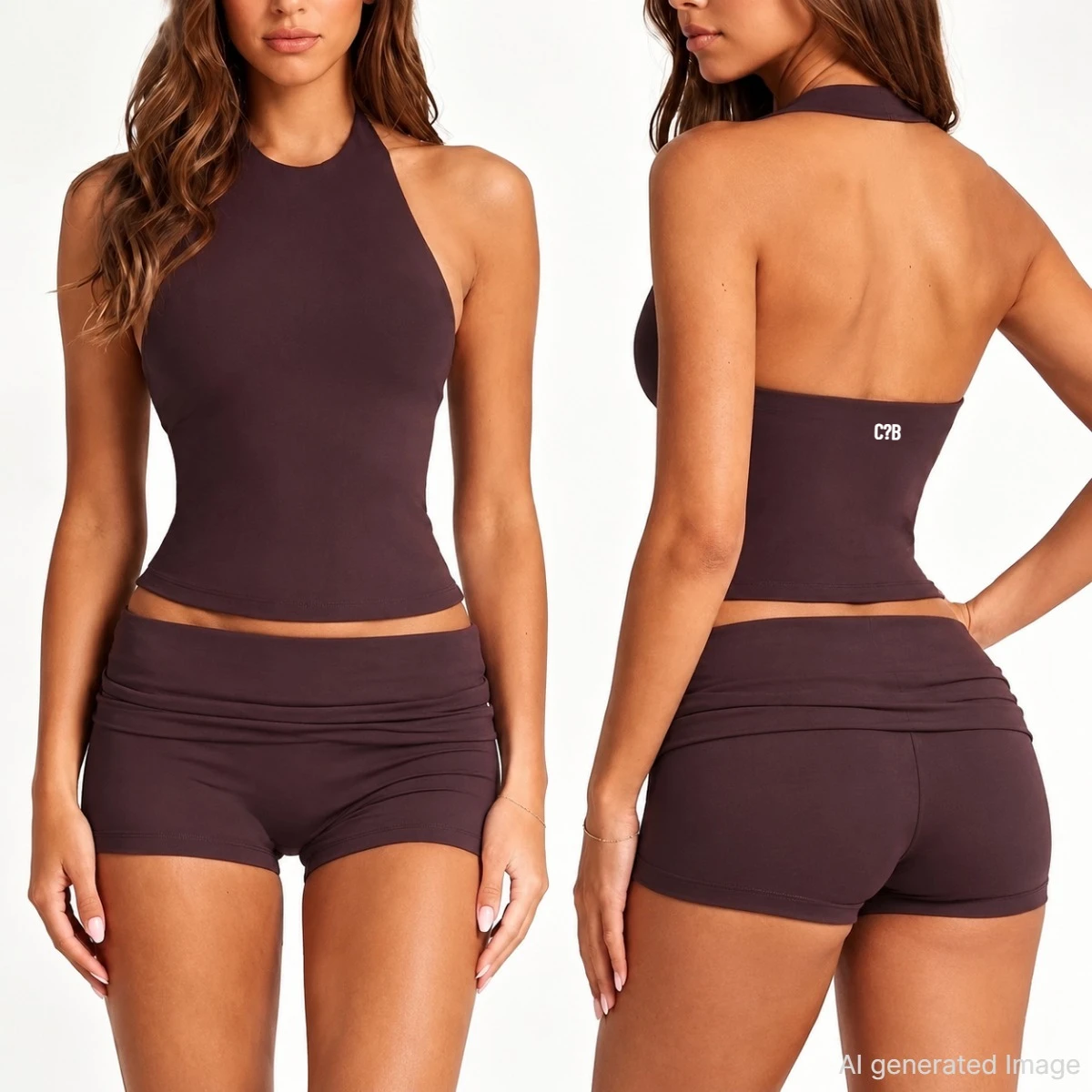 C-B Women Halter Open Back Yoga Tank Top Fold Over Waist Biker Shorts Workout Set for Gym Pilates Training