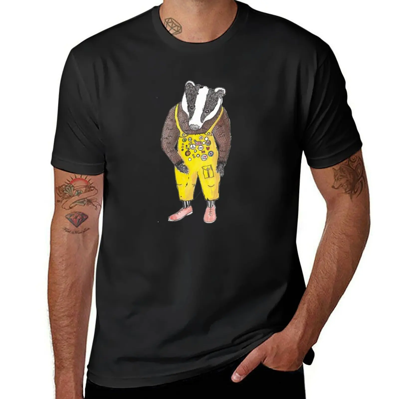 

Badger Badges yellow dungarees T-Shirt man t shirt basketball graphic tees valentines boutique clothes sweat shirts, men