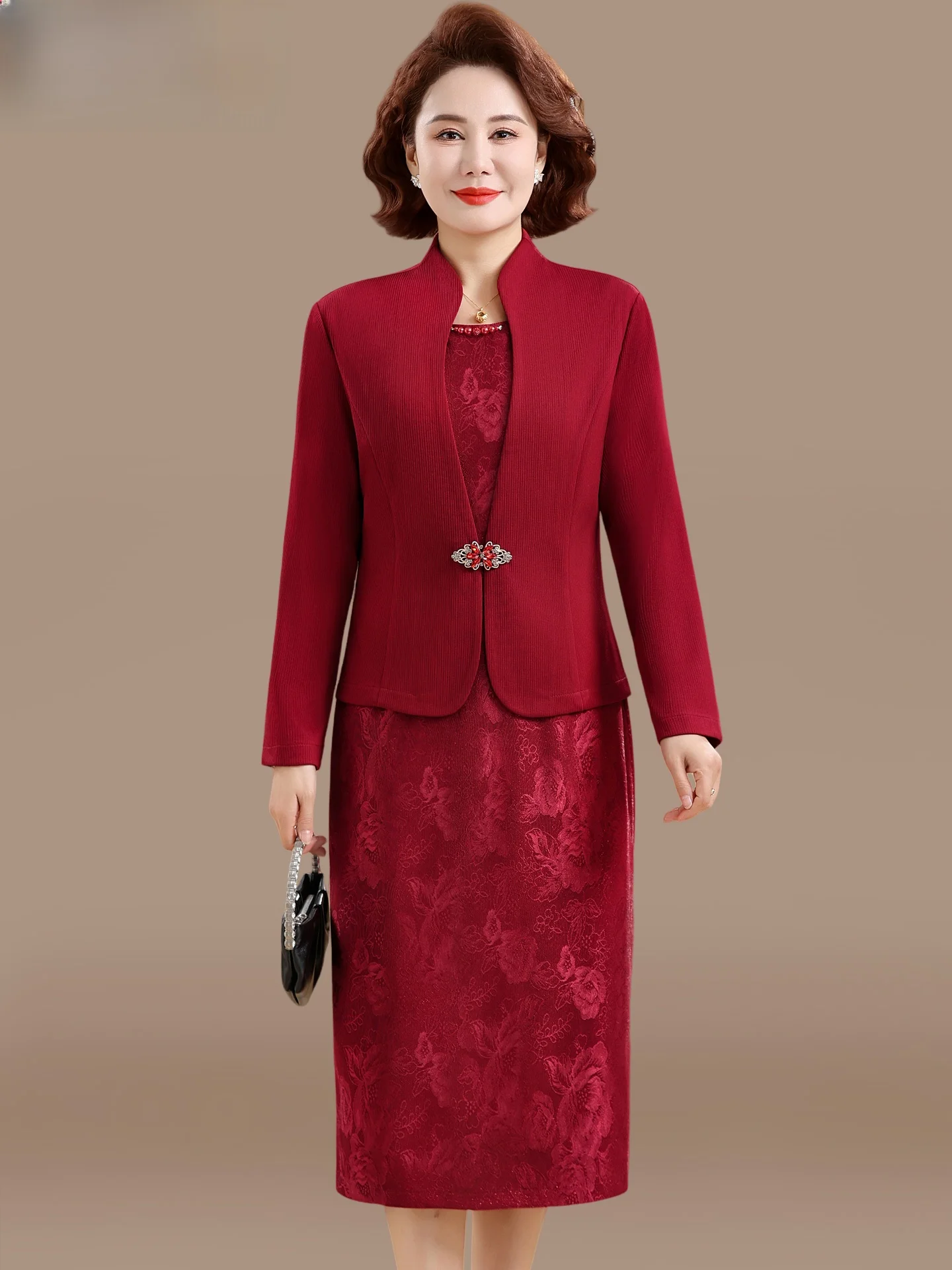 

Wedding Dr Set for Mom Mid-aged Spring Autumn Faionable Ele Two-piece Suit Polyester Fiber Zipper Closure Straight Hem