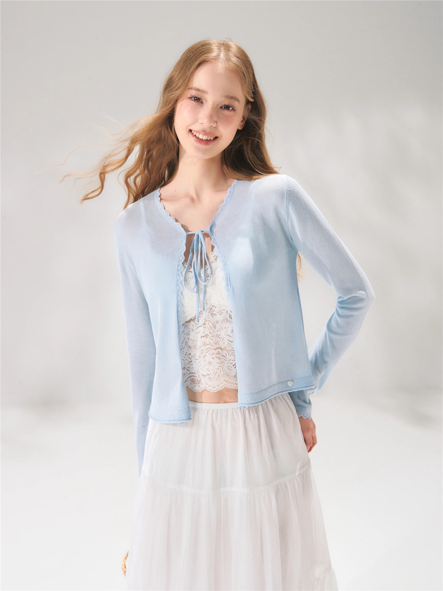 

AsGony Ice Silk Knitted Lace Patchwork Belted Open Cardigan Short Thin Long Sleeve Air Conditioning Shirt Women's Fashion Top
