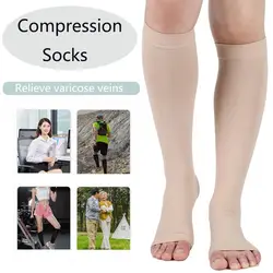 1Pair Unisex Compression Socks Anti-Fatigue Comfortable Open Toe Varicose Vein Opaque Solid Color Knee High Elastic Stocking