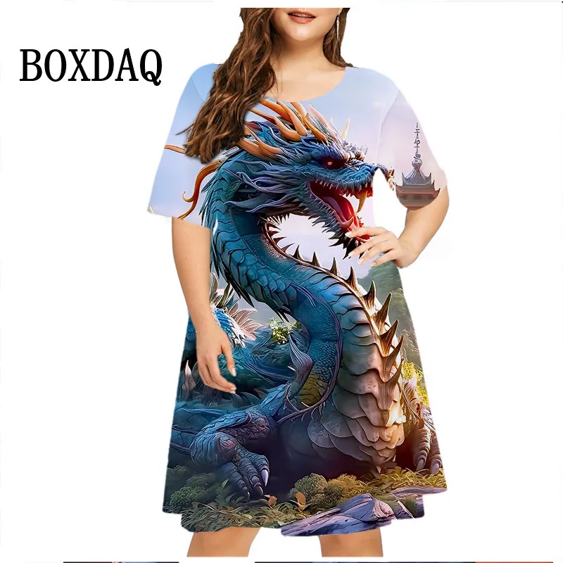 Fantasy Dragon Pattern Women's Dress 3D Print Short Sleeve Oversized Dresses Summer Casual Fashion O-Neck Party Clothes Vestidos