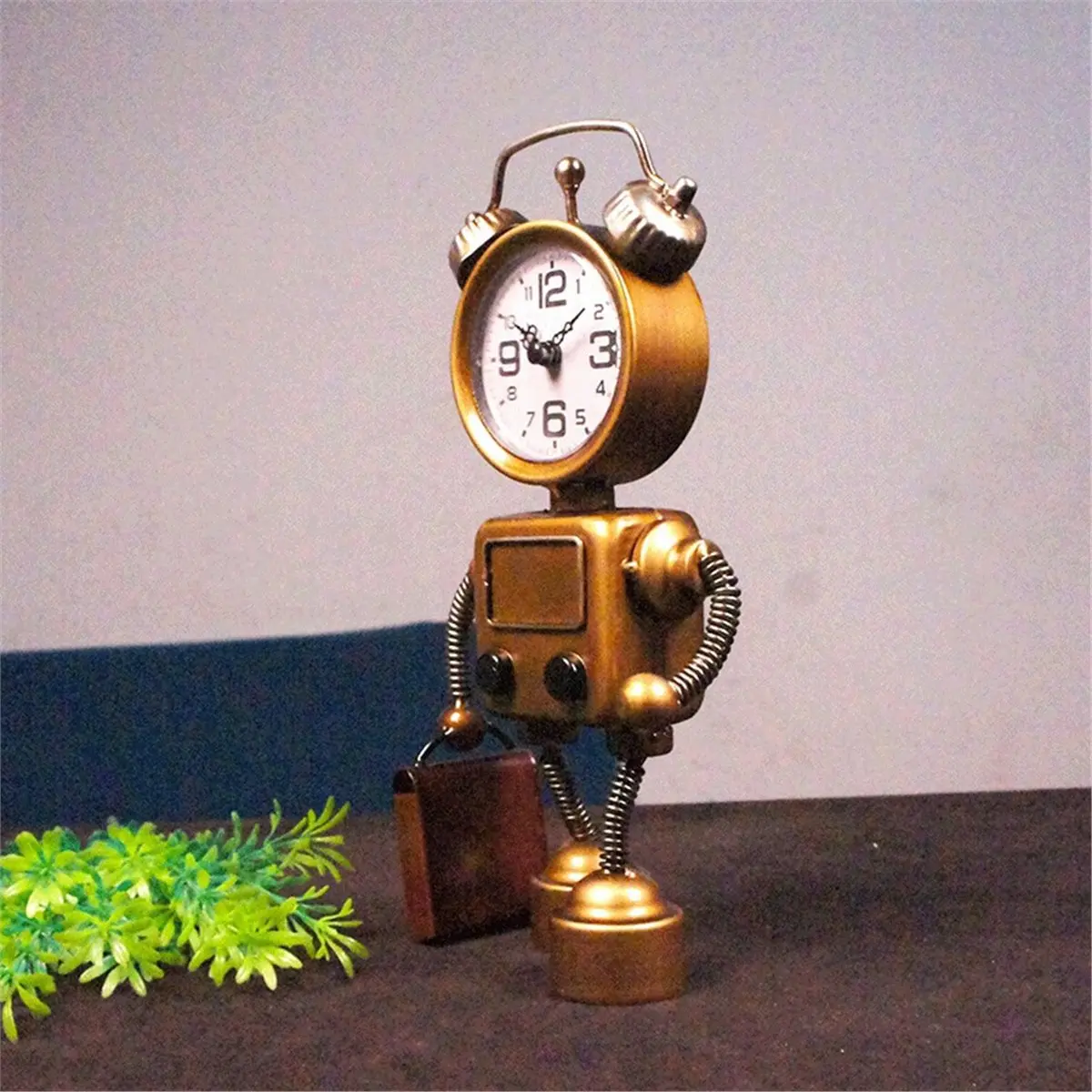 【A75U】 Industrial Steampunk Robot Table Clock, Retro Metal Twin Bell Desk & Shelf Clock, Battery Operated