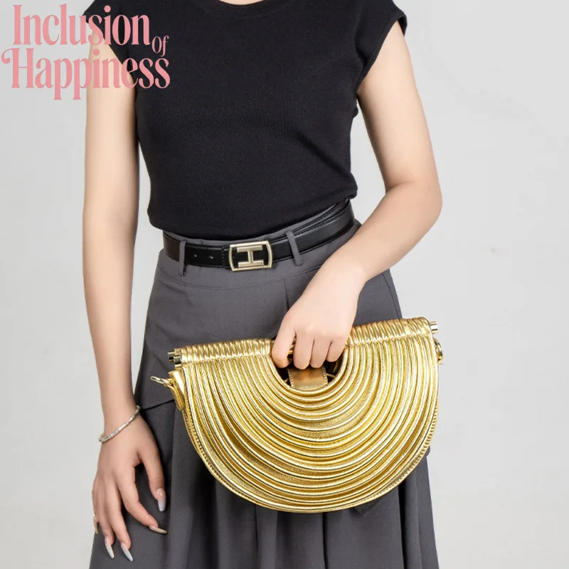 

Premium Curved Pleated Design Unique Knitted Women's Handbag Gold Luxurious Hand Woven Leather Evening Dress Handbag
