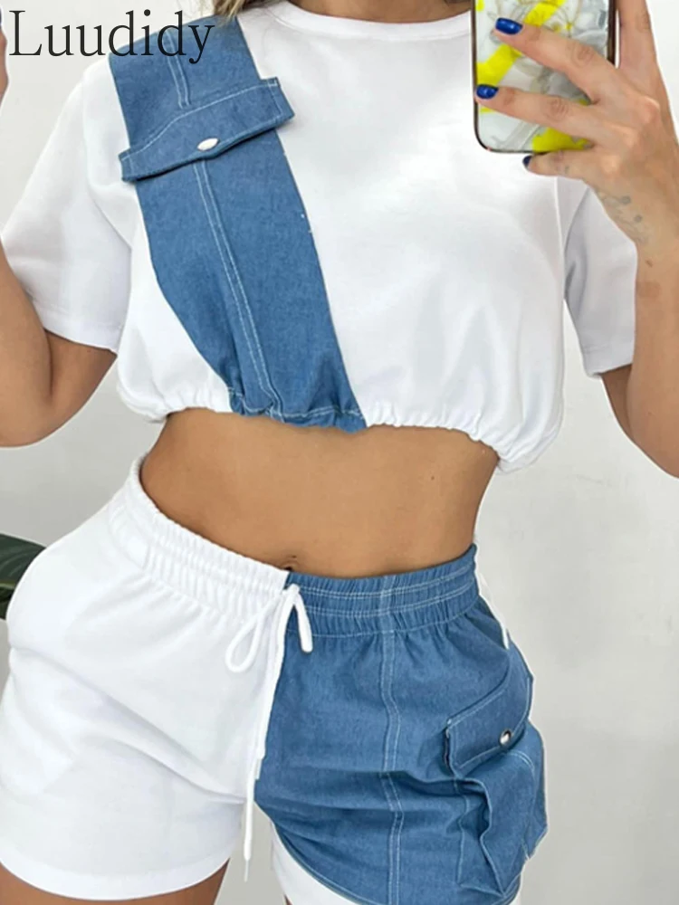 

Two Piece Set for Women Patchwork Top Casual Shorts Sets