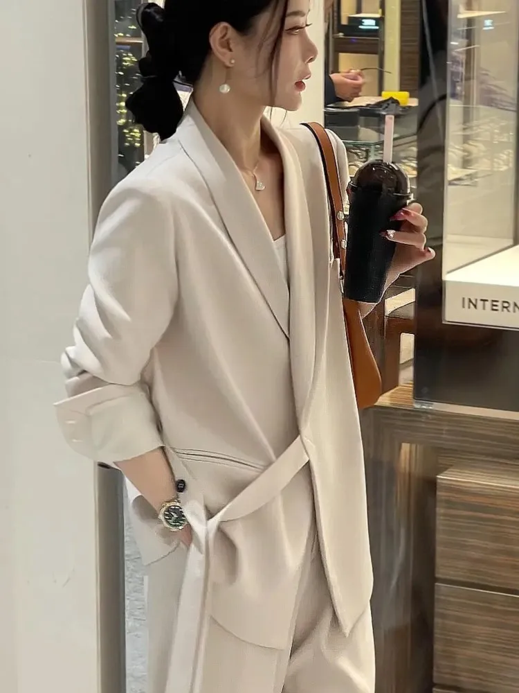Office Lady Blazer Belt Pant Suits Women's Pantsuit Korean Version Notched Baggy Pants Summer Elegant Euality Chic Women Outfit