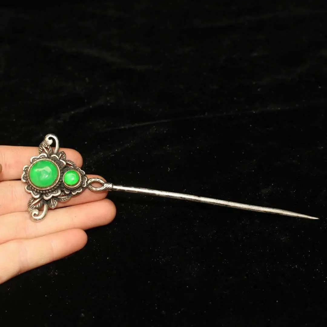 Chinese Old Craft Made Old Tibetan Silver Emerald Inlaid Jade hairpin