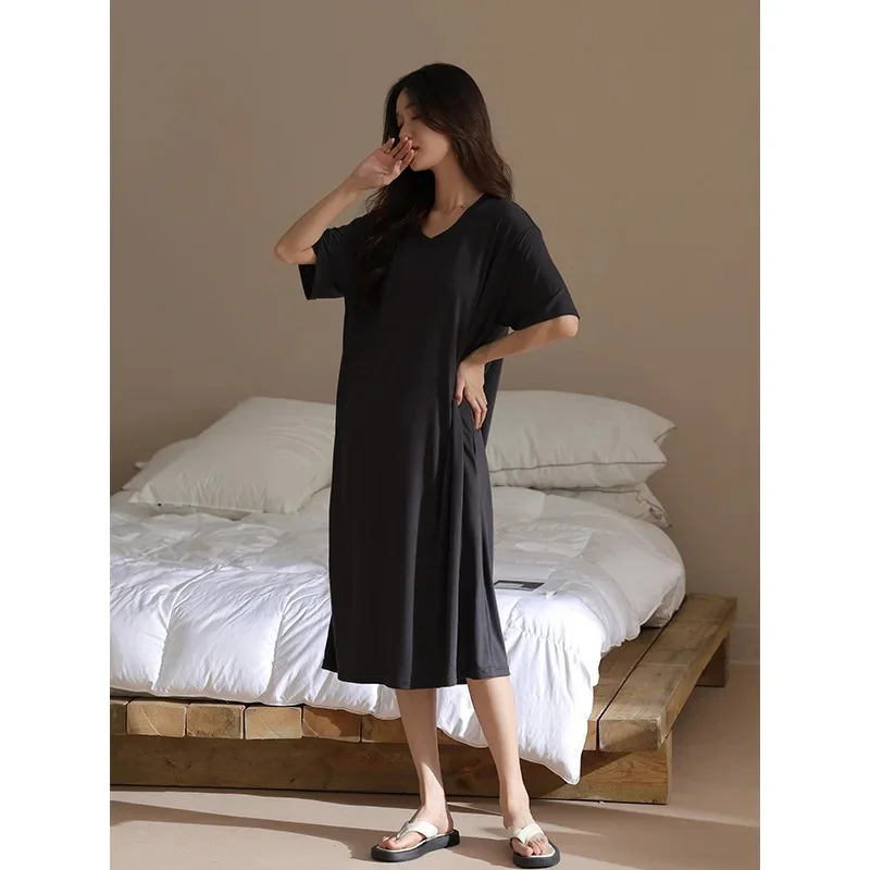 Cool Sensation Hot Sale Of The Season New Women's Summer Modal Sleep Dress Short Sleeve Loose Outerwear Nightgown Midi Length Dr