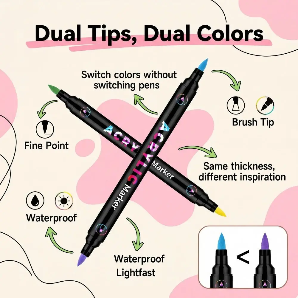 

New 24/48 Colors Dual-ended Markers Quick Dry Temporary Dual Tip Markers Waterproof Dual Color Acrylic Paint Markers Draw