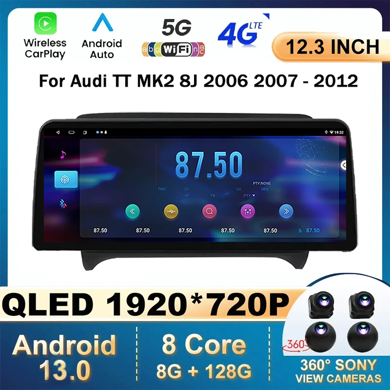 

12.3" Android 13 For Audi TT MK2 8J 2006-2012 Car Radio Video Player Stereo Multimedia Carplay GPS Navigation 5G WIFI 360 Camera