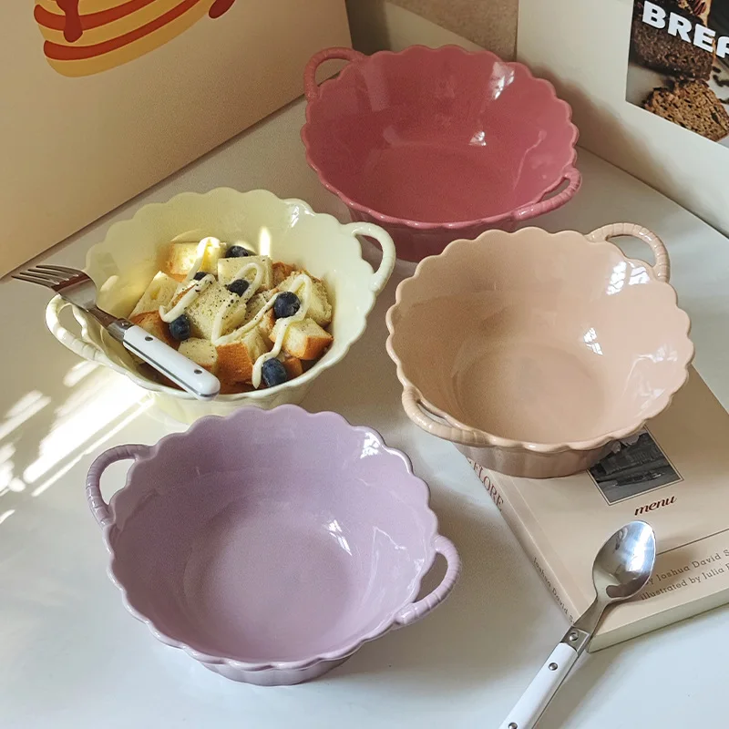 Ceramic Double Ear Bowls Fresh Underglaze Colored Ceramic Tableware Salad Bowls Instant Noodles Bowls