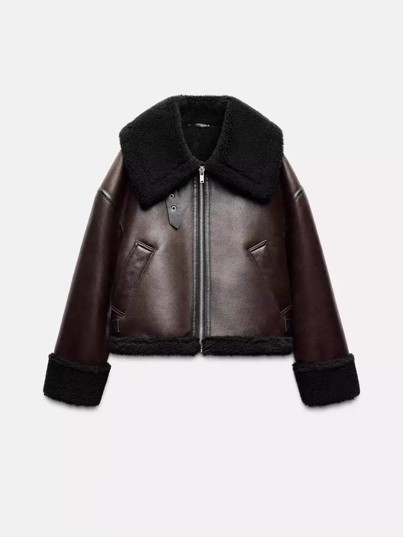 

Новая женская куртка-пальто 2025 года с двусторонним воротником, длинными рукавами, из кожи и меха, для весны, осени и зимы, премиум-класса