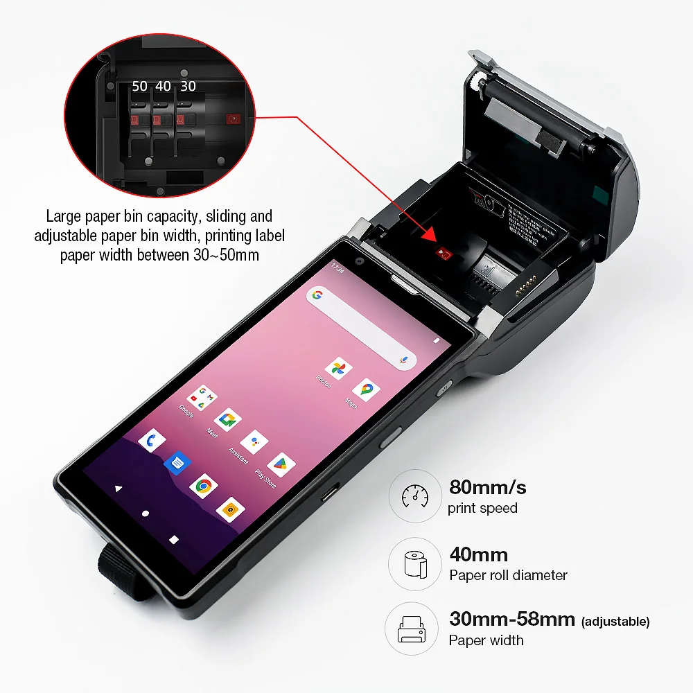 Handheld Android 12.0 mobiele POS-terminal innerlijke 58 mm thermische printer alles in één met 2D-barcodescanner