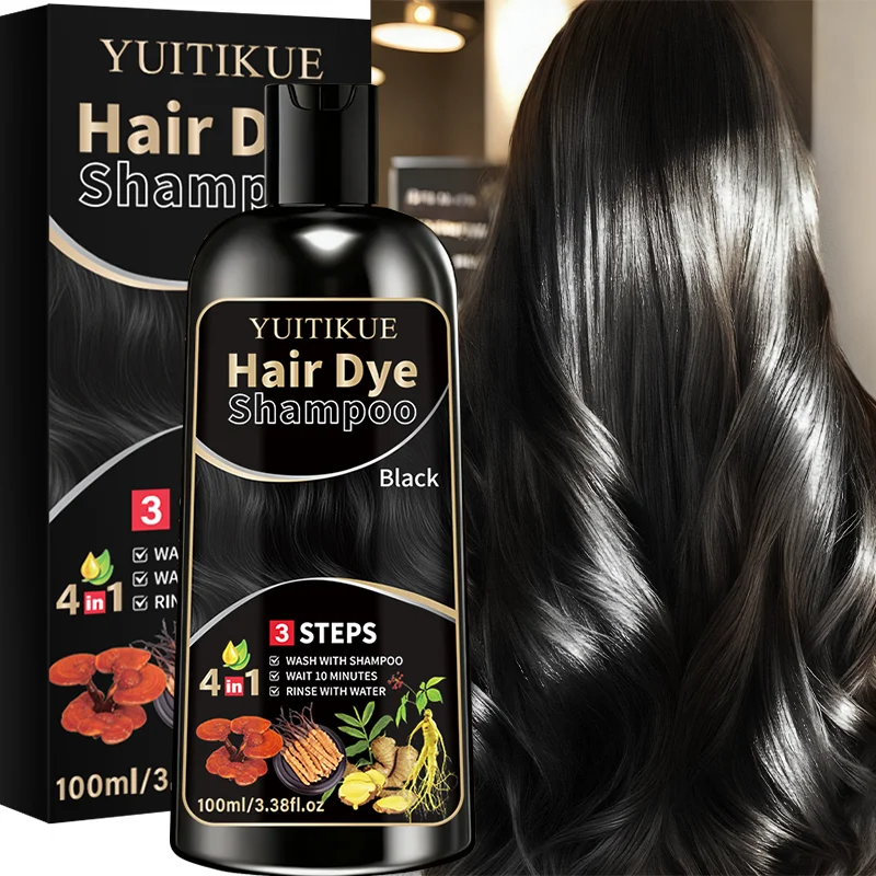 YUITIKUE Black Hair Dye Shampoo | 3 Steps Easy Dye, 4-in-1 Herbal Formula, Instant Gray Coverage 100ml