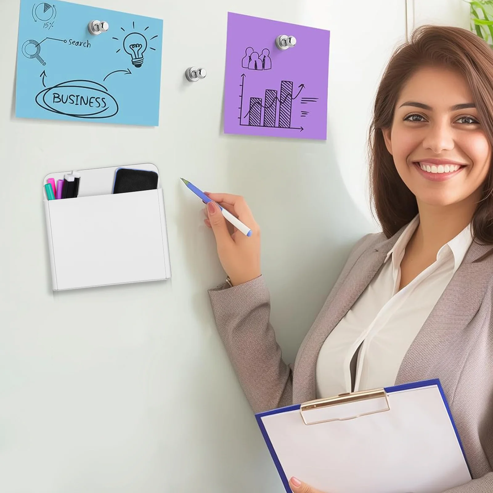 

2pcs Suction Cup Pen Holder Whiteboard Marker Organizer Abs Strong Adhesion For Dry Erase Board Metal Surfaces Storage Container