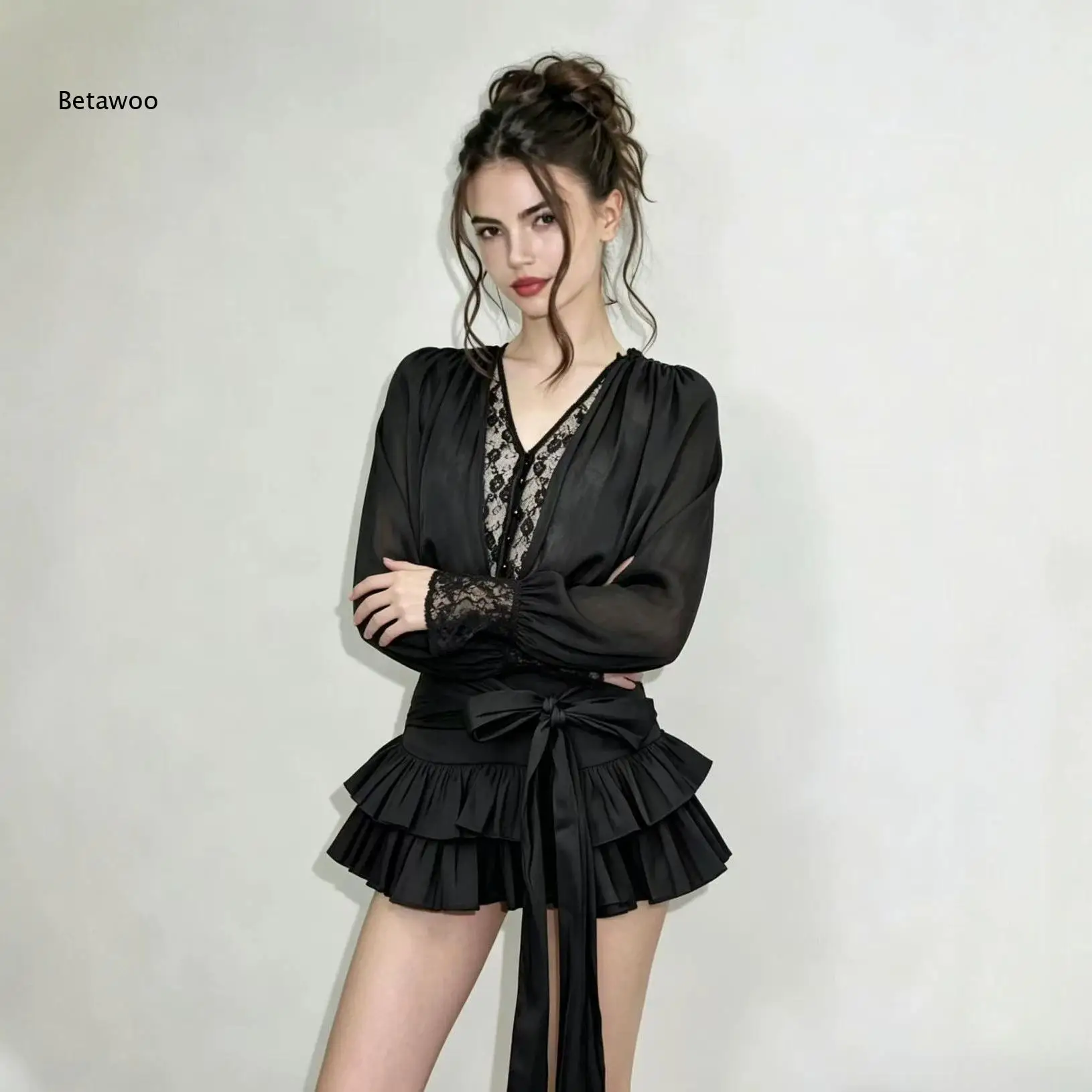 

Black Satin 2 Piece Outfit Lace V Neck Long Sleeve Blouse High Waist Big Bow Tiered Ruffle Mini Skirt Set
