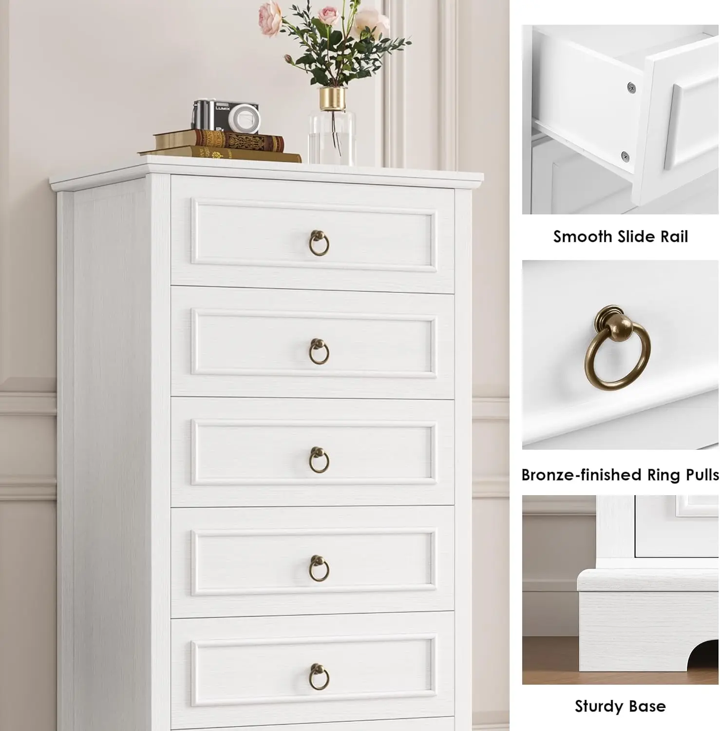 White Dresser for Bedroom, 52" Tall Dresser, Vertical 6 Drawer Dresser, Modern Farmhouse Chest of Drawers, Wood Closet