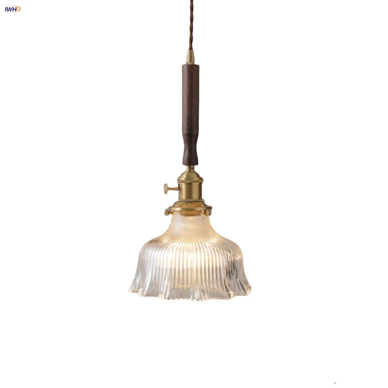 

IWHD Flower Clear Glass LED Pendant Lamp Balcony Bar Aisle Walnut Wood Copper Knob Switch Nordic Modern Hanging Lights Luminaire