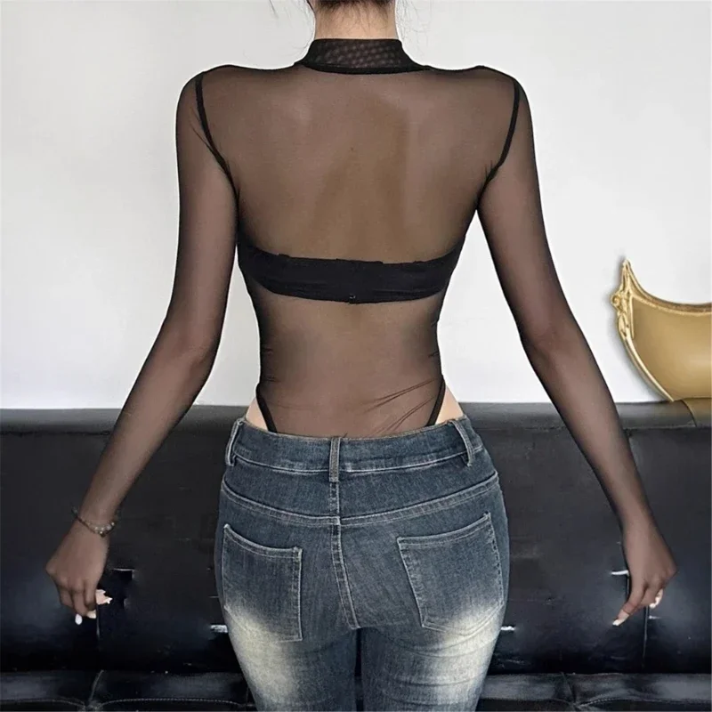 Женское сетчатое боди с длинными рукавами и круглым вырезом, прозрачные трико, одежда, боди со змеей, топ с промежностью, Клубная одежда, подарки