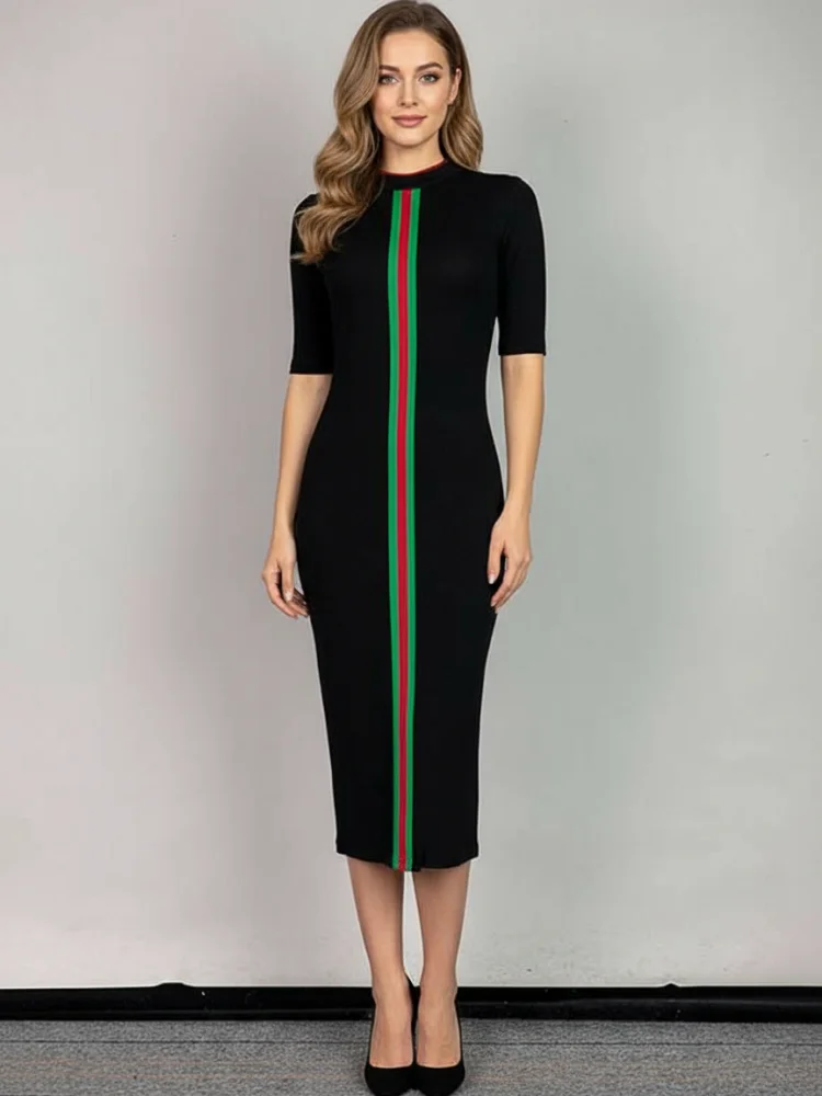 Freeacy 2025 여성용 대비 색 스트라이프 Bodycon 복장 라운드 넥 하프 슬리브 슬림 이브닝 드레스 웨딩 게스트 가운
