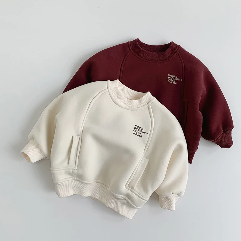 MILANCEL New Winter Kids Hoodie 1-6T Cute Letter Girls Fleece Padded Pullover Simple Warm Thicken Children Outwear Tops