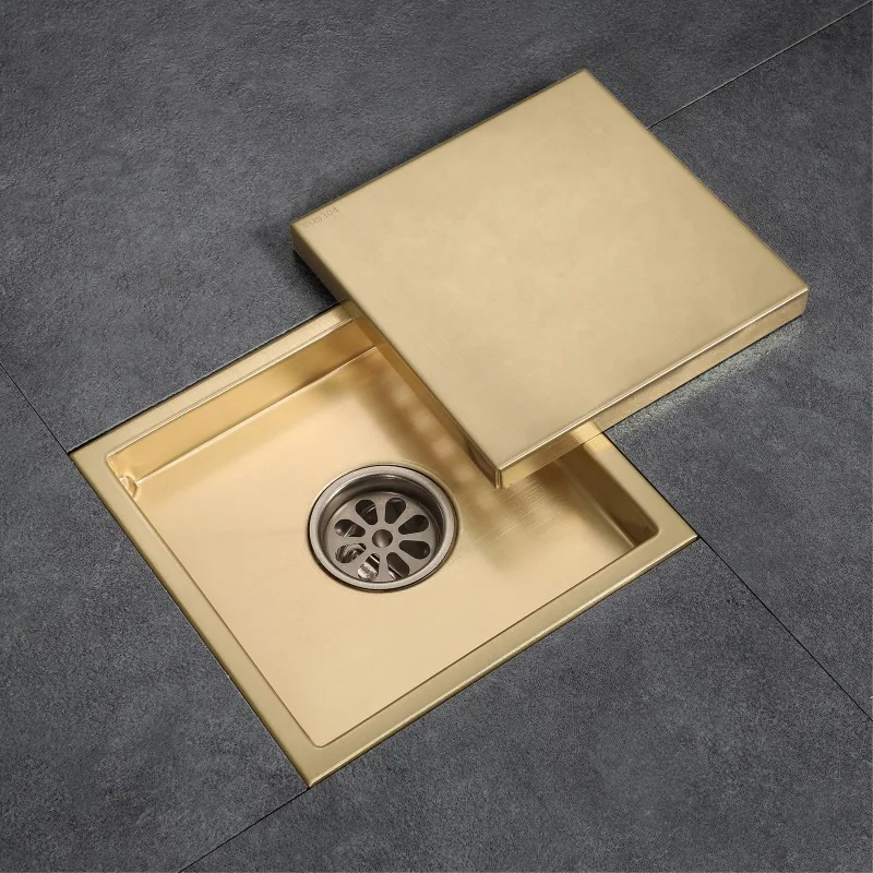 150*150mm Square Invisible Hidden Brushed Deodorizing Bathroom Drainage Floor Drain with Brushed Gold Flange