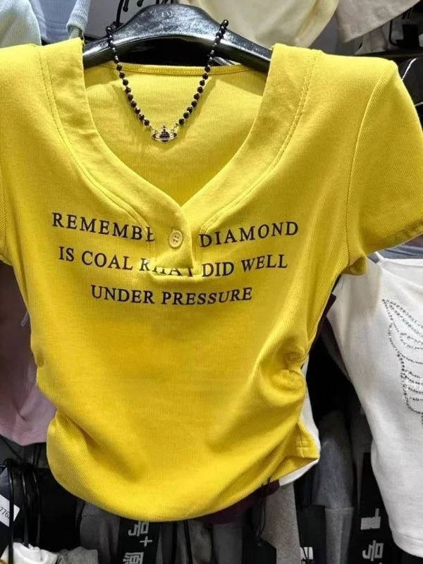 

Fashionable Short Letter Print T-Shirt Women's Slim Fit Korean Style Outlet Store Casual Wear Summer Top round Neck Short Sleeve