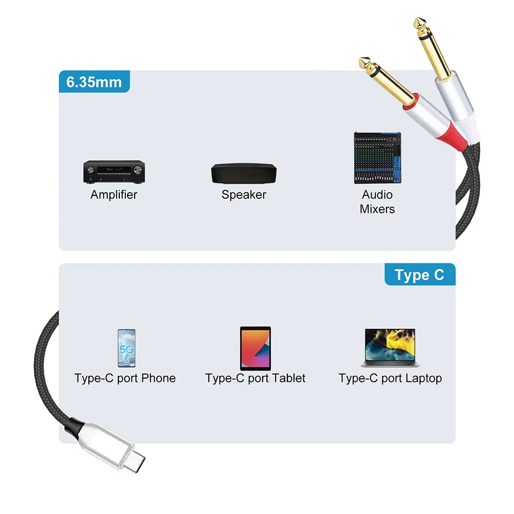 USB Type-C To Dual 6.35mm 1/4 Inch TS Mono Y Insert Cable Stereo Splitter for USB-C Laptop Mobile Phone Tablet To Speaker Mixer