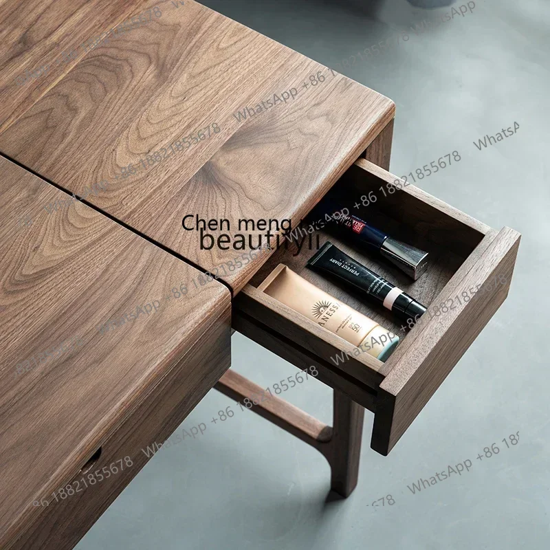 

zq1North American black walnut dresser Nordic bedroom desk log makeup table with mirror storage