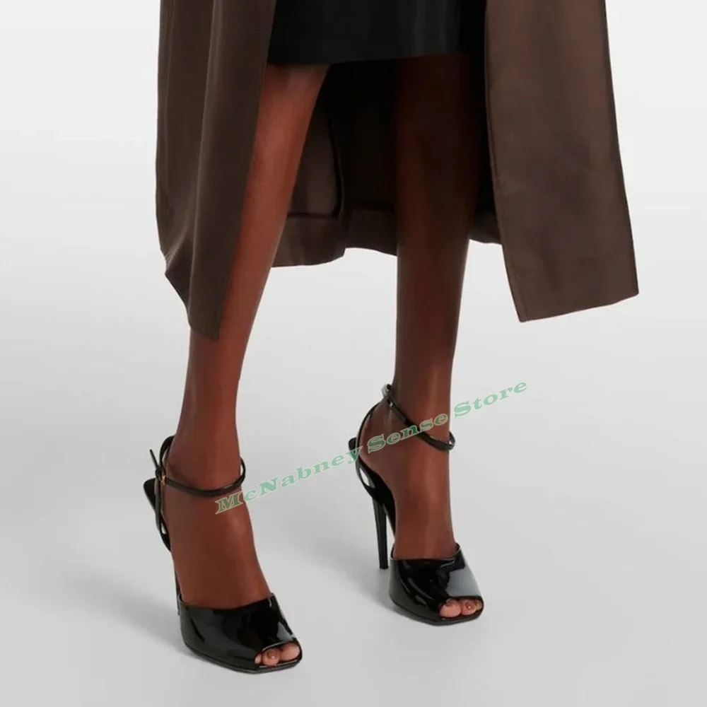 

Peep Toe Buckles Straps Sandals Solid Shiny Leather Thin High Heels Sandals Women Sexy New Shoes Summer Party Designer Casual