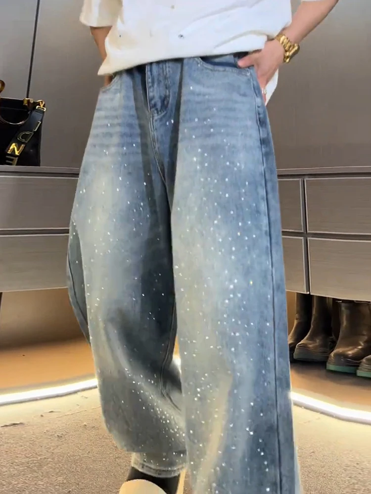 Men's 2025 Summer New Hot Diamond Jeans Wide-leg Chic Denim Pants Loose Straight Fashion Pocket Decoration Retro Denim Trousers