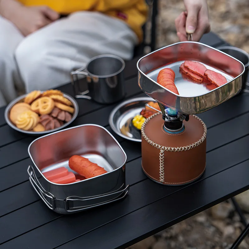 

Outdoor Stainless Steel Dinner Plate Bowl 6 Pcs Set Camping Tableware Set Portable Pot Set Camping BBQ Plate