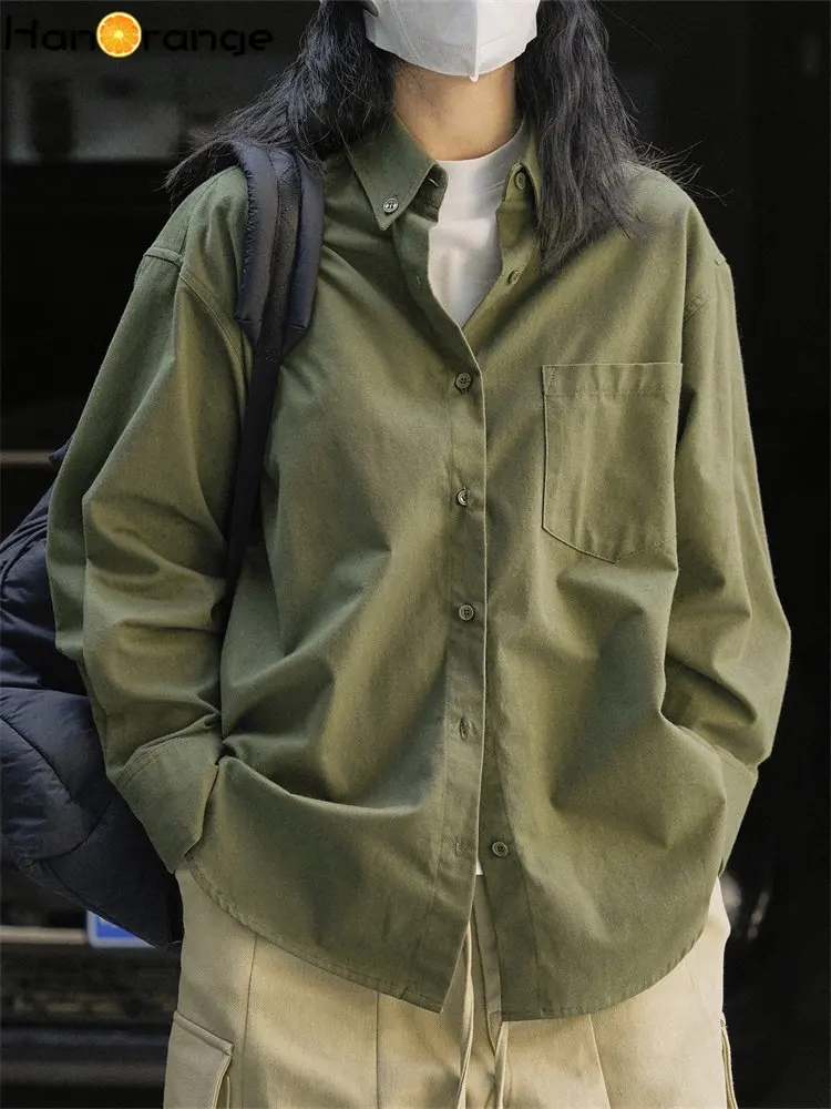 

HanOrange 2026 Early Spring Ins Casual Simple Brushed Shirt Women Loose Silhouette Comfortable Outdoor Long Sleeve Top Female