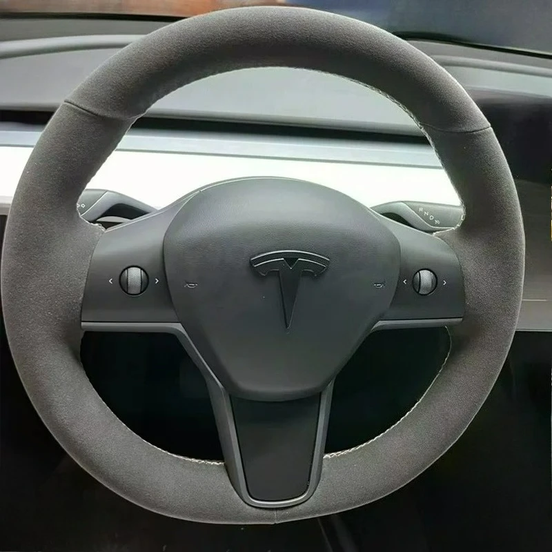 Handgenähter, verschleißfester, rutschfester Lenkradbezug aus schwarzem Wildleder für Tesla Model 3 / Model Y