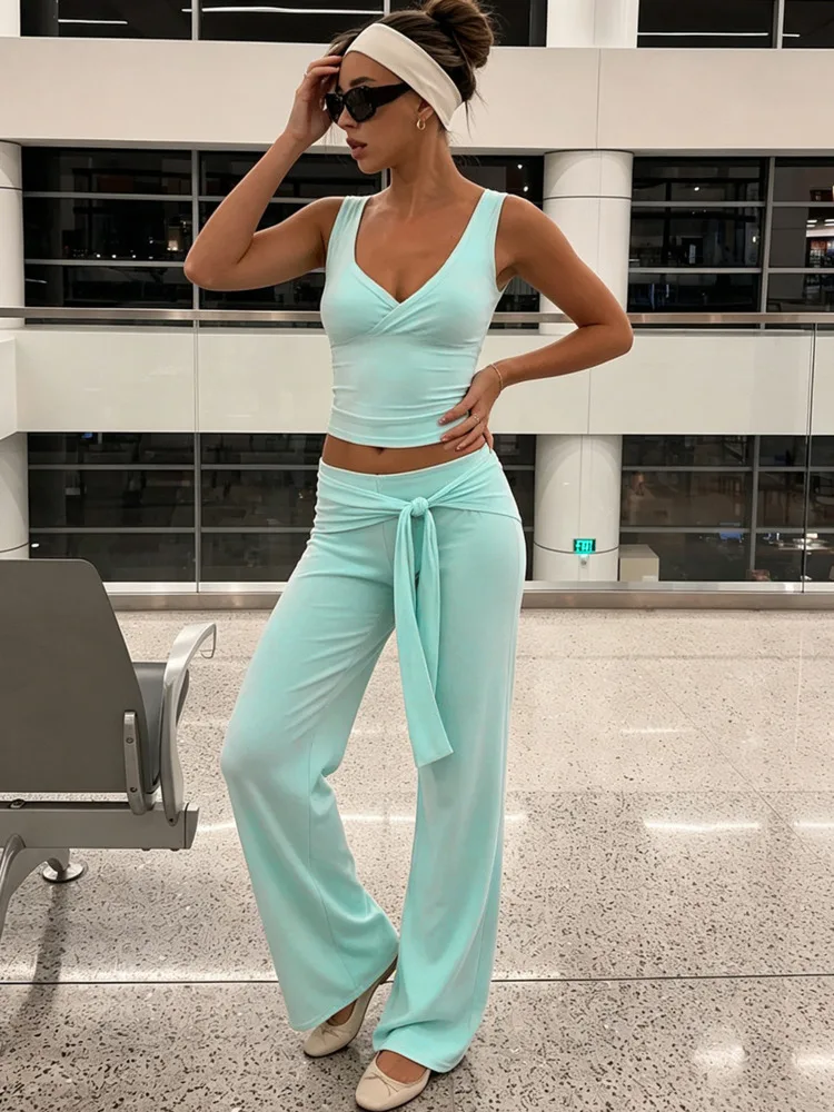 Absobe Hot Girl Tie-up Low Waist Pants Set Cross V Neck Sleeveless Tank Top Slim Casual Fashion 2 Piece Streetwear Outfit 2026