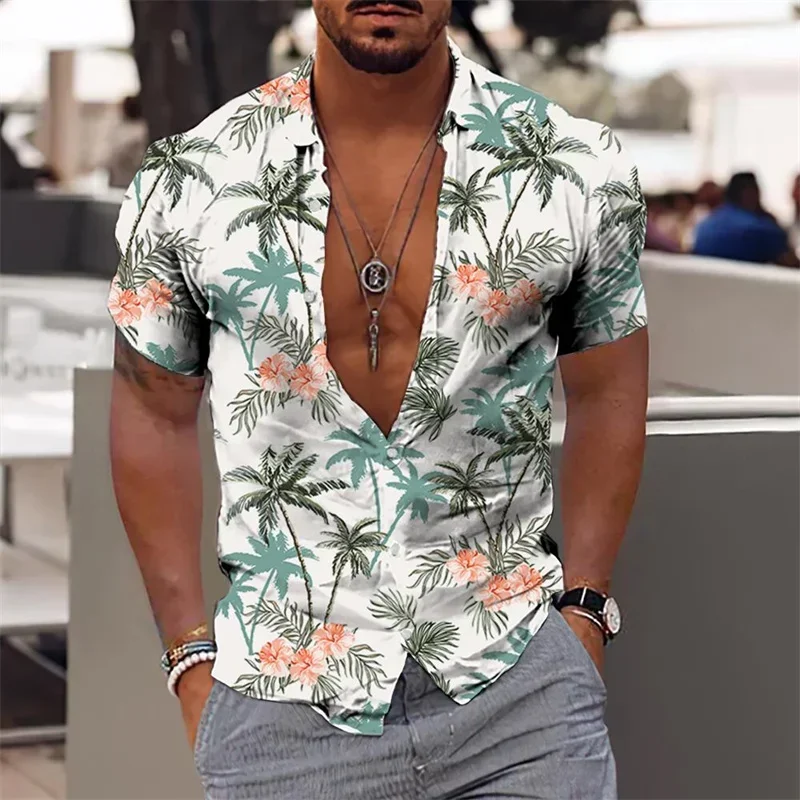 

2024 Summer Hawaiian Men's Shirt Vacation Daily Slim-fit Top Gym Elegant Floral Pattern Leaves Society Casual Fashion