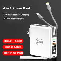 4 in 1 Wireless Power Bank 10000mAh With Cable AC Plug Wall Charger PD 20W Fast Charging for iPhone 16 Xiaomi Samsung Powerbank