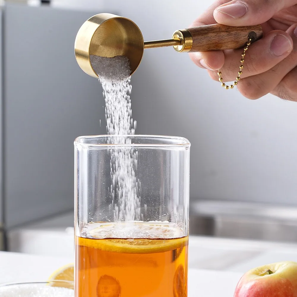 

14ml Stainless Steel Measure Spoon Flat Bottom Hangable Measuring Cup with Wood Handle Rustproof Kitchen Measure Tools