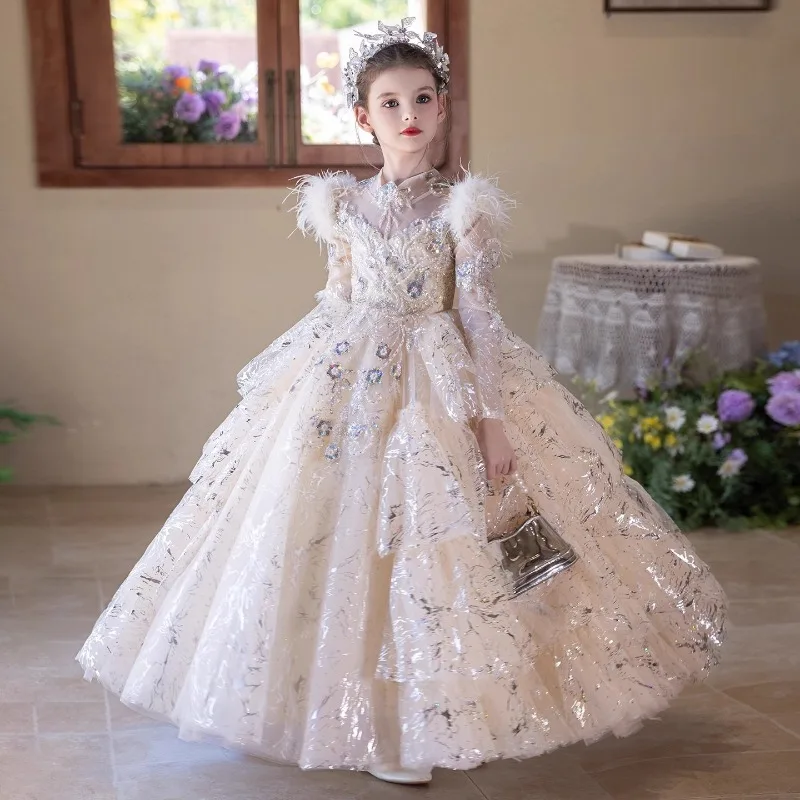 

Girls Princess Party Dress Long Sleeve Children Birthday Gown for Piano Performance Host Pageant Formal Celebration Flower Girl