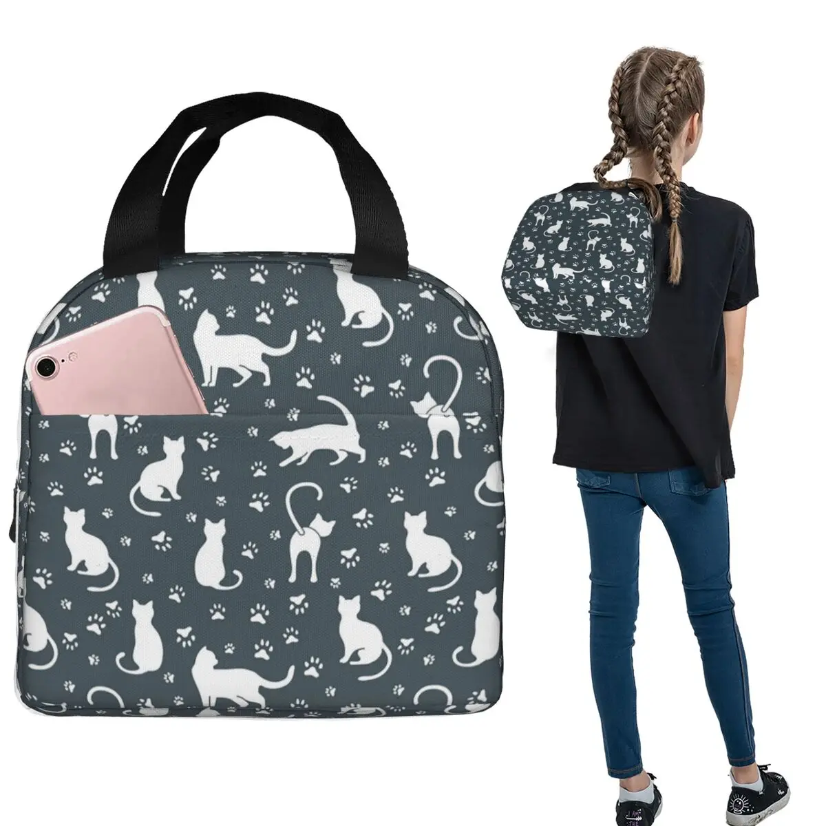 

Cute Cats White Silhouette Insulated Lunch Bag for Women Kids Leakproof Food Boxes Thermal Lunch Box Tote