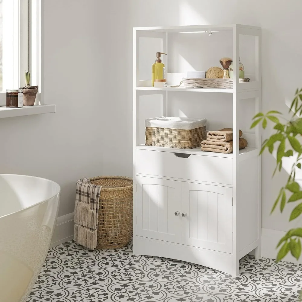 Bathroom Storage Cabinet, Freestanding Linen Tower, Tall Bookcase with 2 Open Shelves, 1 Large Drawer, 12.8 x 23.6 x 48 Inches