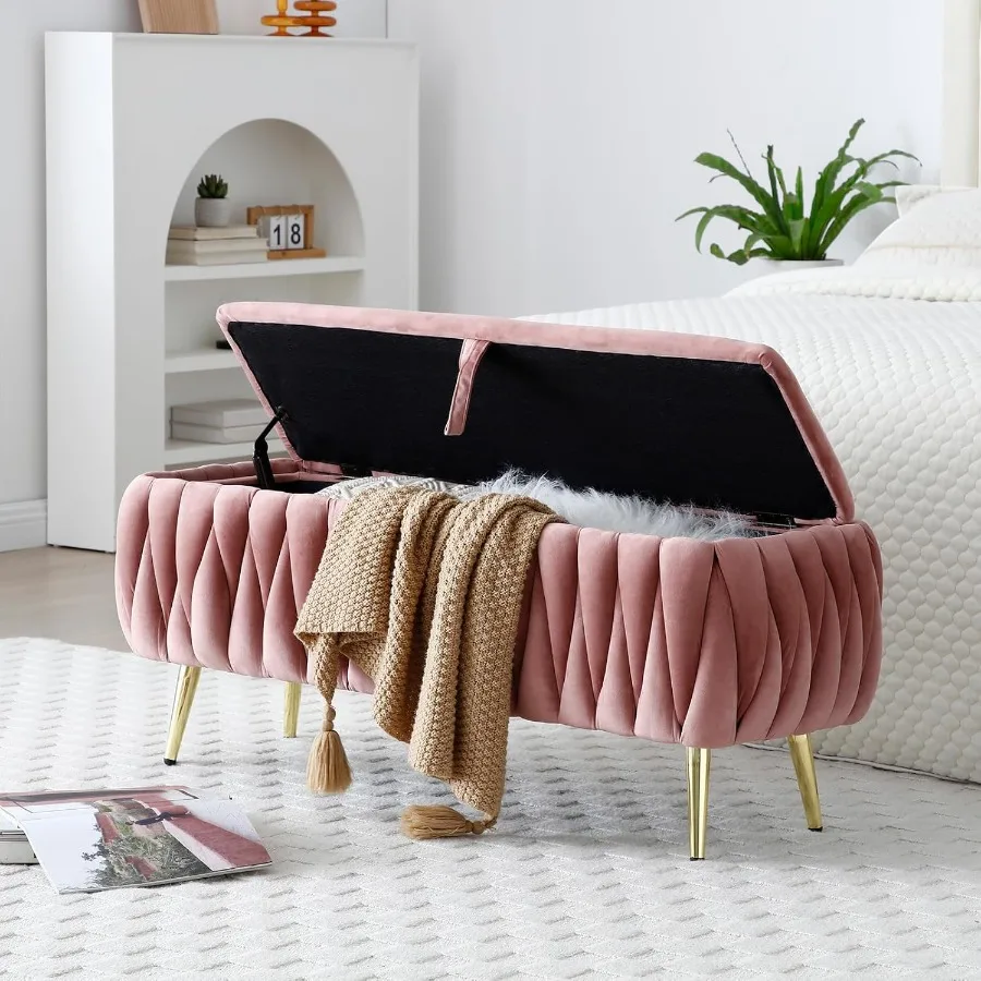 

Velvet Storage Ottoman BenchWoven Upholstered Storage Bench Bench for Bedroom with Gold Legs Modern Window Entryway Oval Ottoma